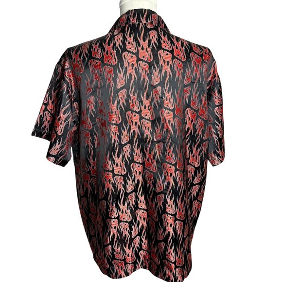Vintage Y2K Button Up Embroidered Club Shirt L Black Red Flames Skulls Camp - Picture 4 of 6